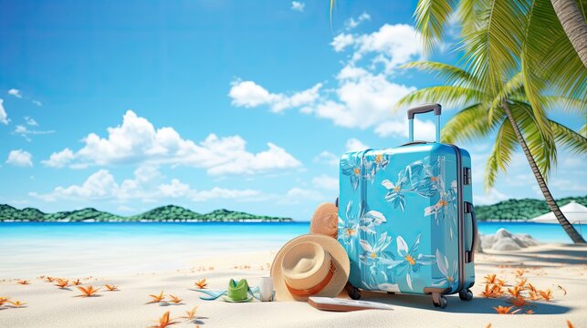 summer beach with travel accessory, 3d render suitcase 3d illustration