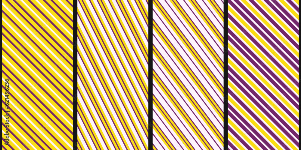 Poster A set of yellow-violet patterns, diagonal and striped. Seamless and endless pattern. For application on surfaces, interior parts, textiles, notebooks, pillows, wallpaper. Stylish diagonal pattern.
