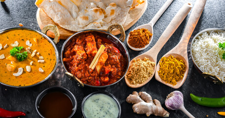 Composition with Indian dishes with basmati rice