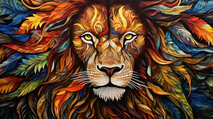A close-up of a majestic lion's face in batik style