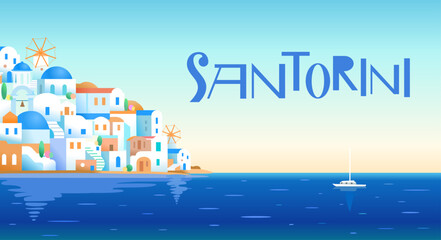 Santorini island, Greece. Beautiful traditional white architecture and blue domed Greek Orthodox churches over the caldera. Scenic travel background. Vector illustrations in wide format.