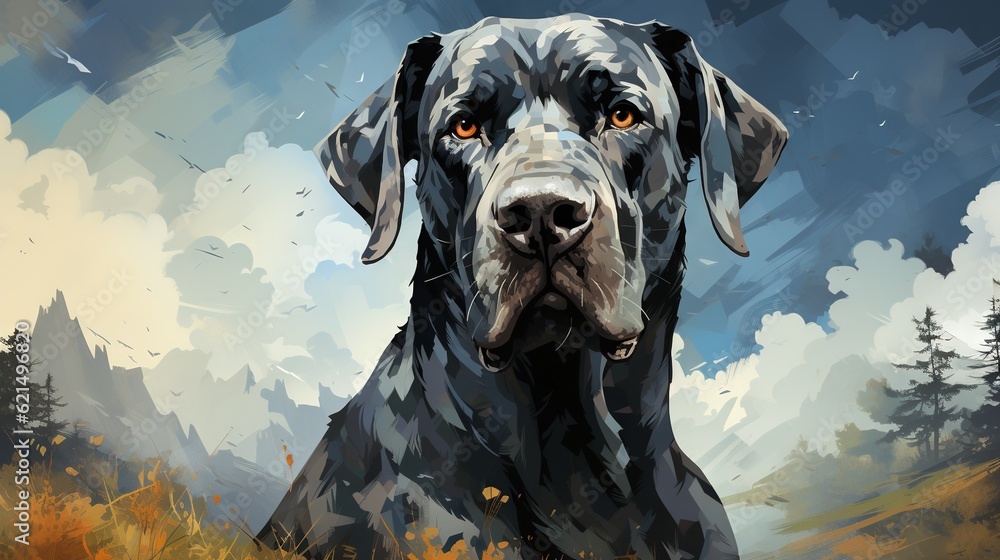 Poster a black great dane standing in a field of grass with trees and mountains in the background and cloud