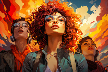 Artwork illustration, vector, banner or background depicting the lesbian community with diverse people. Generative AI.