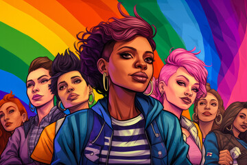 Fototapeta premium Artwork illustration, vector, banner or background depicting the lesbian community with diverse people. Generative AI.
