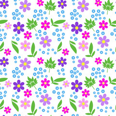 Bright floral pattern on a white background. Seamless pattern. Pink, purple, lilac flowers and green leaves. Background for paper, cover, fabric, interior decor.