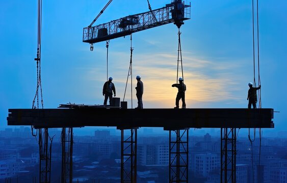 Silhouette of workers working on construction site with sunrise background
