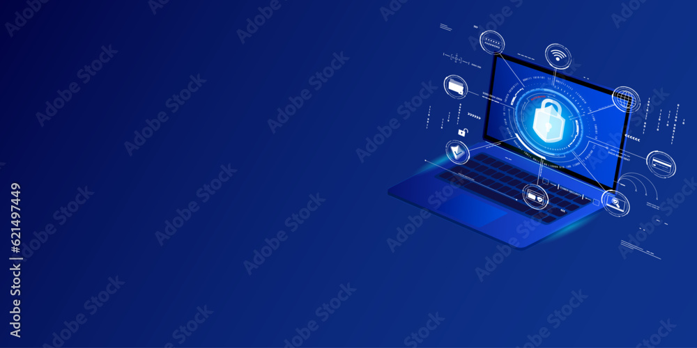 Aufkleber Cyber security digital technology concept. System privacy with padlock, network shield, password, wifi icon connection platform vector. 