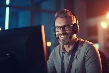 Fototapeta premium Customer service agent working at office. Smiling customer support operator. Call center worker in the office. Generative AI