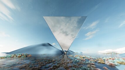 Fantasy world, futuristic fantasy image. 3d render of surreal landscape with water, colorful sand and grass. Podium, display on the background of abstract glass, mirror shapes and objects. 