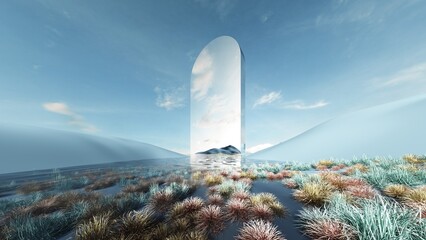 Fantasy world, futuristic fantasy image. 3d render of surreal landscape with water, colorful sand and grass. Podium, display on the background of abstract glass, mirror shapes and objects.  © JooLaR