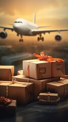 Airplane with a box. The concept of aviation logistics. Generative AI