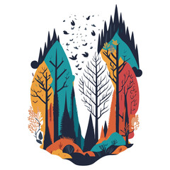 Forest clipart is used for print on demand designs, apparel, and home decor, allowing you to bring the beauty of nature into your products and create a captivating and serene atmosphere