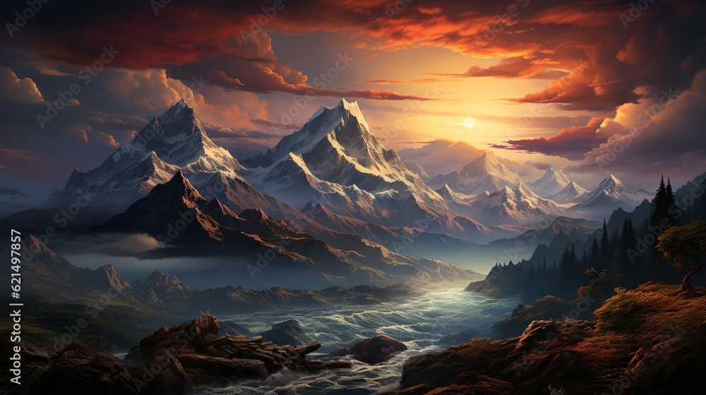Aufkleber a painting of a mountain range with a river running through it. generative ai