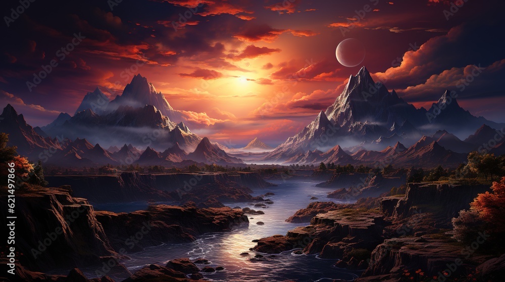 Poster a painting of a mountain landscape with a river running through it. generative ai