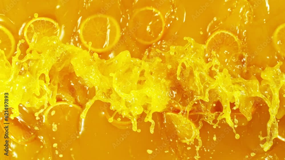 Poster super slow motion of splashing orange juice. filmed on high speed cinema camera, 1000 fps. abstract 