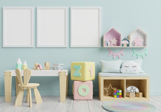 Mockup photo Frame in kids room with toys inteior,
3D render