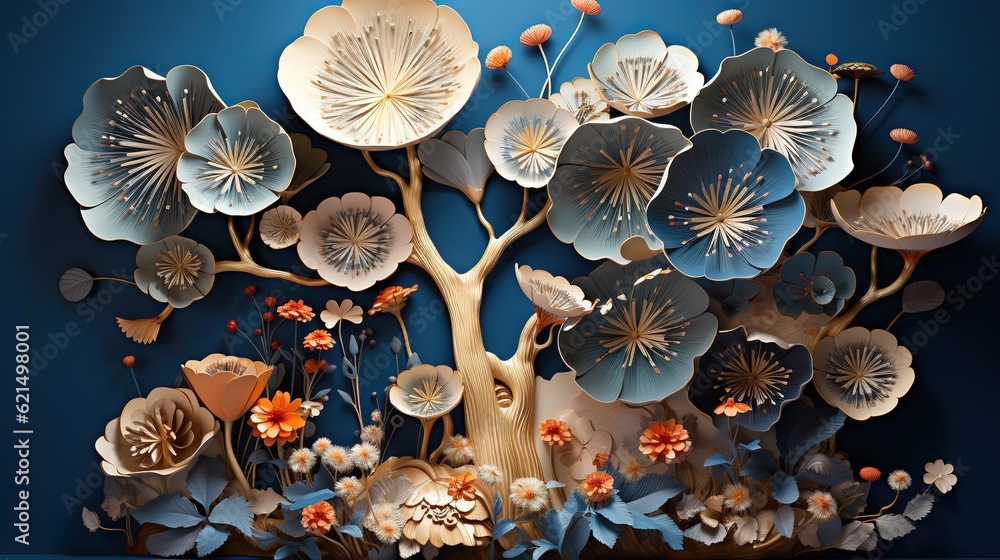 Poster a paper art of a tree with flowers and butterflies on it. generative ai