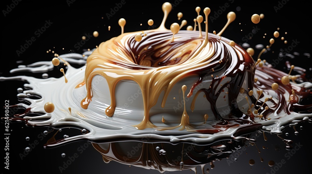 Poster a cake with chocolate and caramel drizzled on it. generative ai
