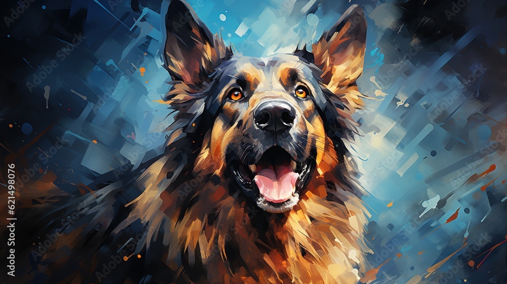 Sticker  a painting of a german shepherd dog with his tongue out.  generative ai