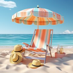 Fototapeta na wymiar summer beach with travel accessory, 3d render suitcase 3d illustration