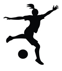 Fototapeta na wymiar Vector isolated gril silhouette of women's football player jumping up to kick the ball with her foot