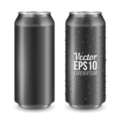 Aluminum can with water drops. Realistic metallic can for beer, soda, lemonade, juice, energy drink. Vector template for your design.