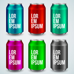 Aluminum can isolated on light background. Realistic metallic can for beer, soda, lemonade, juice, energy drink. Vector template for your design.