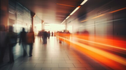 Metro station with blurred traffic and crowd. Generative AI