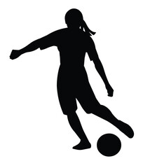 Fototapeta na wymiar Black isolated silhouette of girl football player dribbling the ball on the field and going to kick a ball