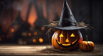 Halloween background, pumpkin head wearing witch hat put in wooden cabin room, generative Ai