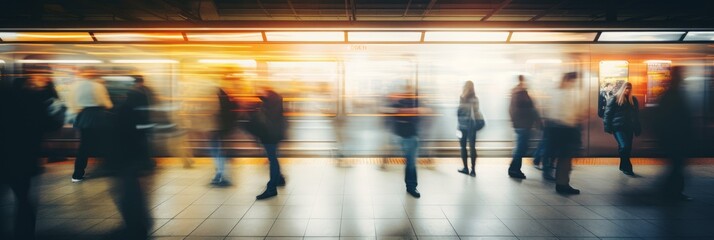Metro station with blurred traffic and crowd. Generative AI