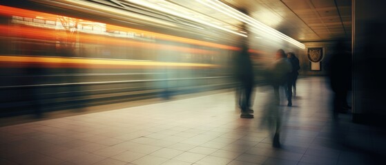 Fototapeta na wymiar Metro station with blurred traffic and crowd. Generative AI
