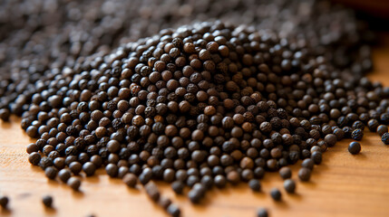 Schwarze Senfkörner sind winzig, rund und schwarz. Black mustard seeds are tiny, round, and black. Generative AI - obrazy, fototapety, plakaty