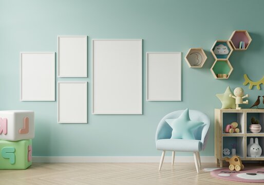 Mock up frame in kids room interior, 3d reder