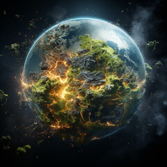 Obraz premium earth seen from space, part of it is exploding and catching fire