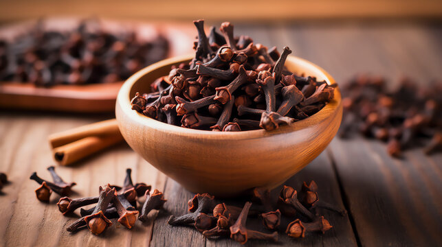 Nelken sind kleine, dunkelbraune Knospen mit einer harten Textur. Cloves are small, dark brown buds with a hard texture. Generative AI
