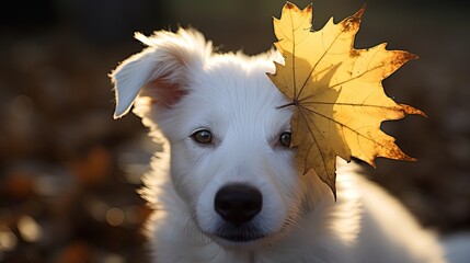 cute pet portrait, close up white dog face with yellow leaves stack on it fur, Generative Ai