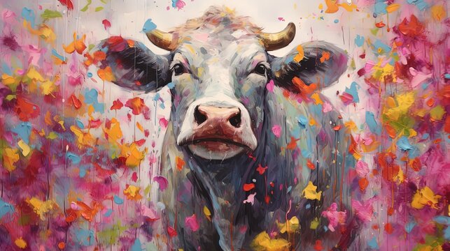 art illustration of cute buffalo in flower blossom atmosphere, Generative Ai