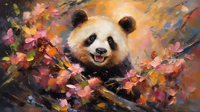 art illustration of cute panda bear in flower blossom atmosphere, Generative Ai