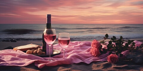 romantic picnic at sea beach with a glass of wine, Generative Ai