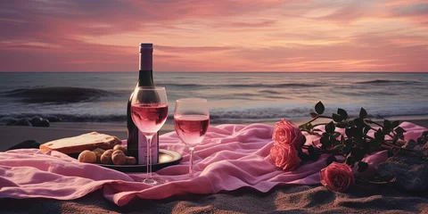 Poster romantic picnic at sea beach with a glass of wine, Generative Ai © QuietWord