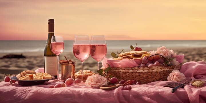 romantic picnic at sea beach with a glass of wine, Generative Ai