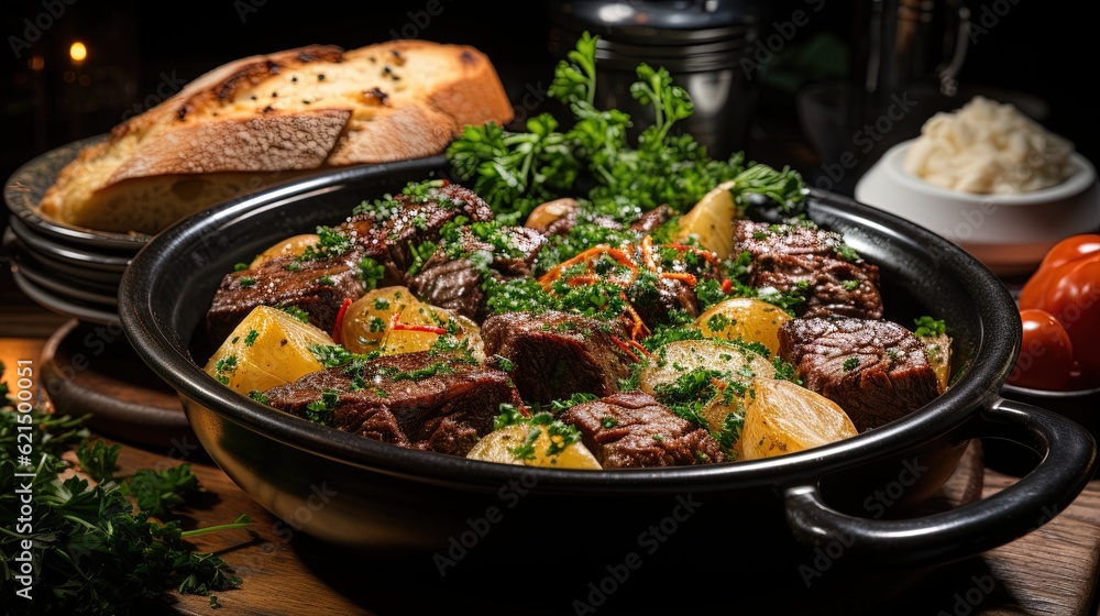 Aufkleber a pot of stew with bread and vegetables on a table. generative ai
