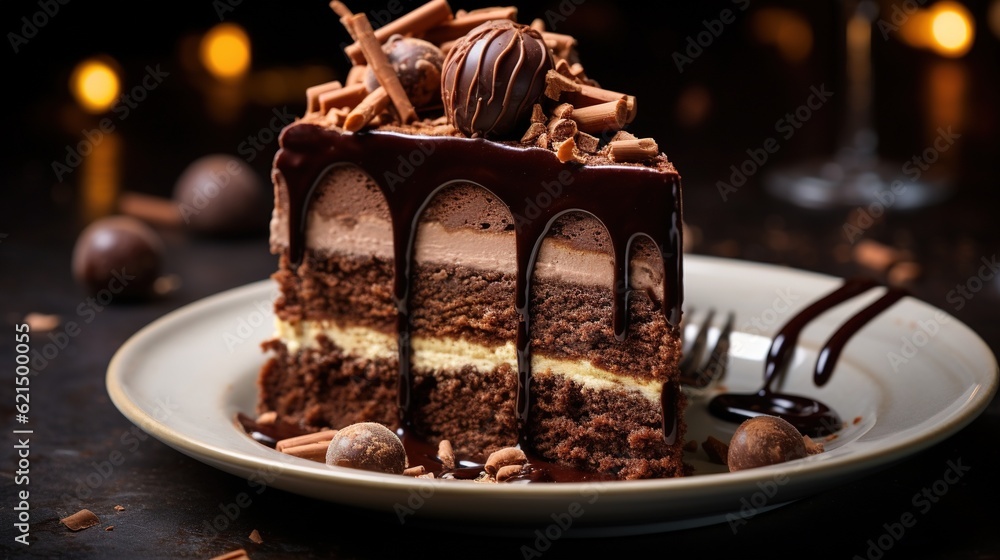 Poster a piece of chocolate cake with chocolate drizzle and nuts. generative ai