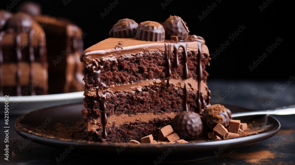 Poster a slice of chocolate cake on a plate with a fork. generative ai