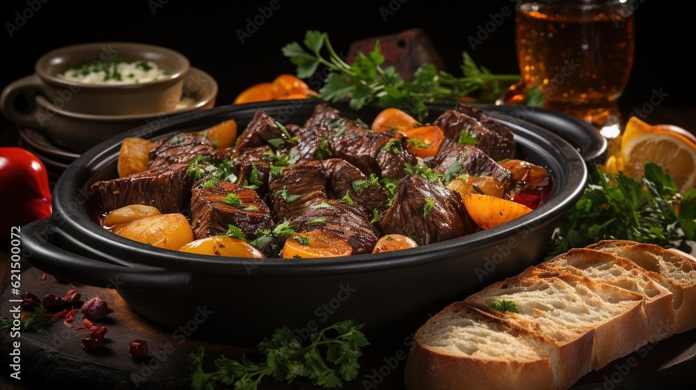 Poster a bowl of stew with bread and oranges on a table. generative ai
