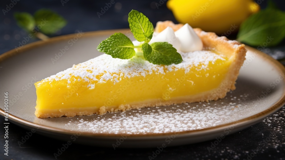 Poster a slice of lemon pie on a plate with a mint garnish. generative ai