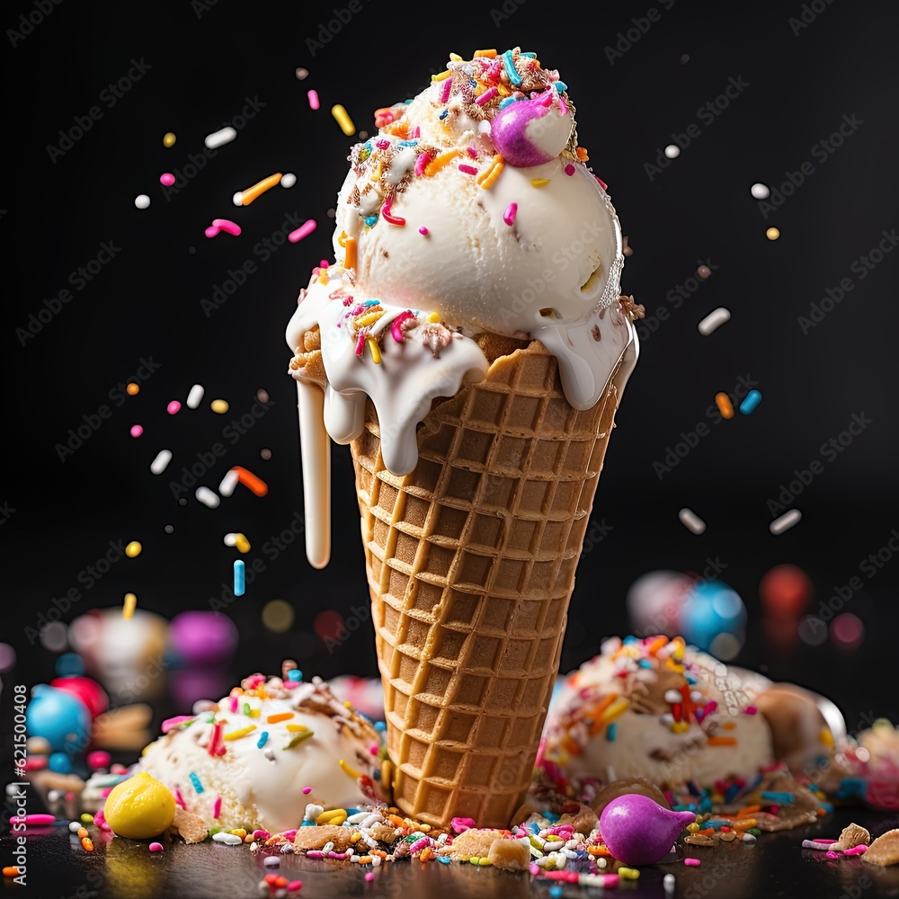 Poster an ice cream cone with sprinkles and confetti. generative ai
