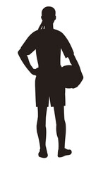 Obraz premium Girl silhouette of a women's football player standing from the back holding a ball in her hand