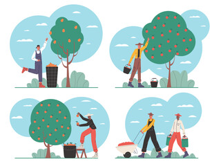 Cartoon people on harvesting. Happy farmers characters. Agricultural workers collect fruits and vegetables. Ranch works with baskets and buckets collecting crop. Vector gardeners set